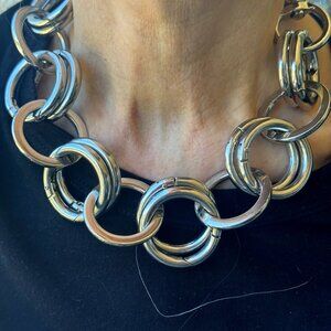 Martine Ali bold silver double-link necklace with T-bar and giant carabiner
